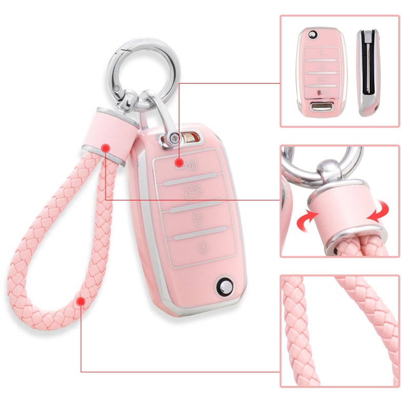 YO&YOYE for Kia Key Fob Cover with Keychain, Pink Soft TPU Key Case Fit for Kia Sedona Rio Optima Soul Sportage Sorento Carens Flip Key - Image 4